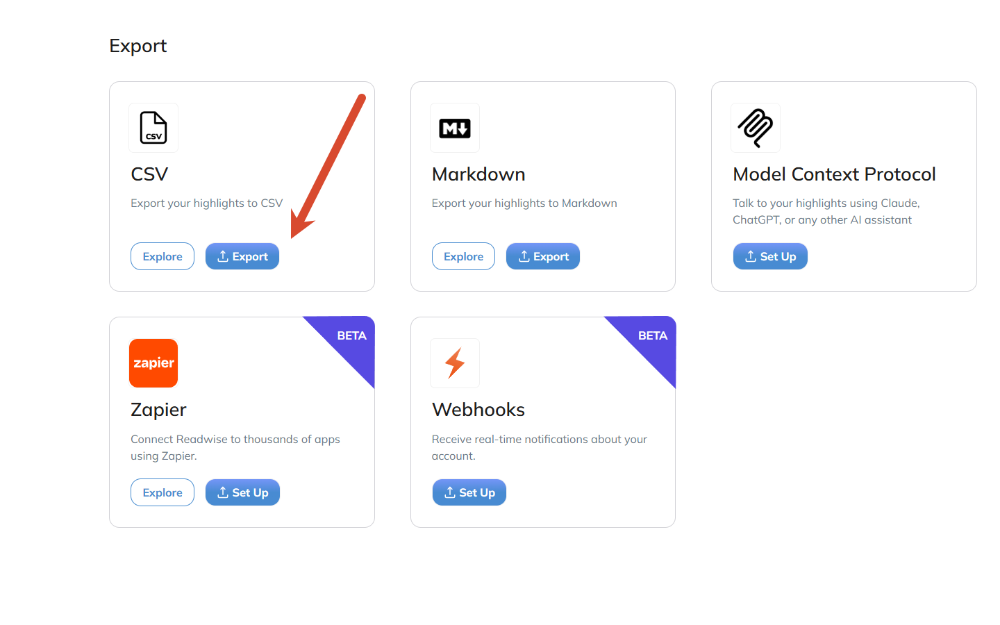 Readwise 导出页面，带有 CSV 导出按钮